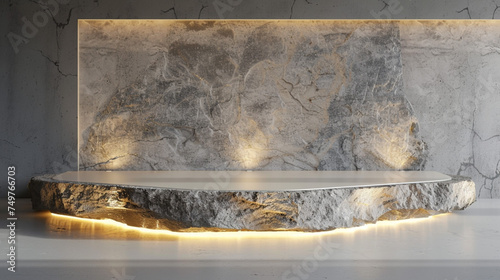 A white and gold of a nature marble platform surrounded by rocks. The background is geometric Stone and Rock shape, minimalist mockup for podium display showcase, studio room, 