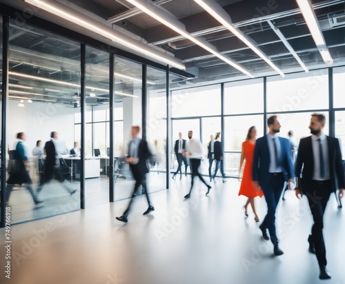 Bright business workplace with people in walking in blurred motion