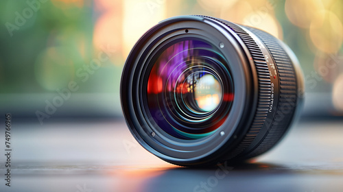 Close-up front view of wide-angle camera lens on dark background. The eyes of the photographer. Camera Lens With Reflections. A Macro photo of The diaphragm of a camera lens aperture. Modern Wide. photo