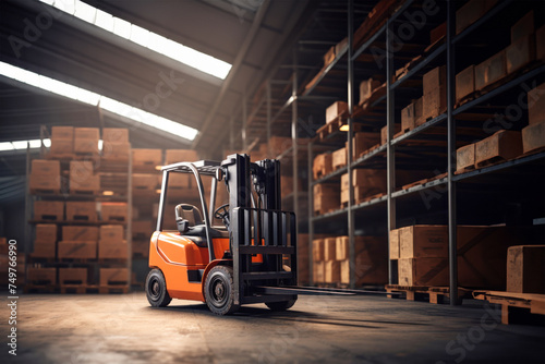 A forklift lifts cargo onto racks in an industrial warehouse. Forklift for warehouse and industry. © Anoo
