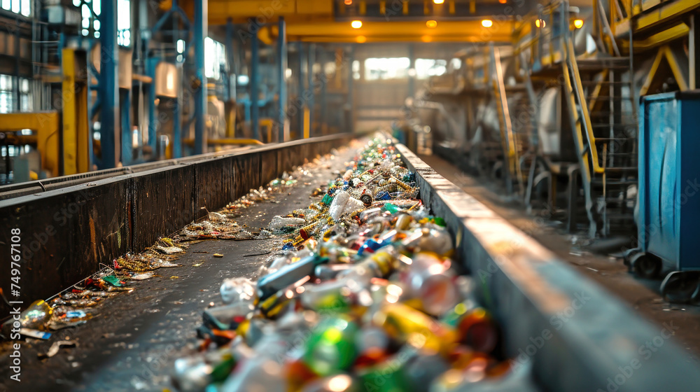 Conveyor Belt Filled With Bottles at Garbage Processing Plant Conveyor Belt Filled With Bottles at Garbage Processing Plant