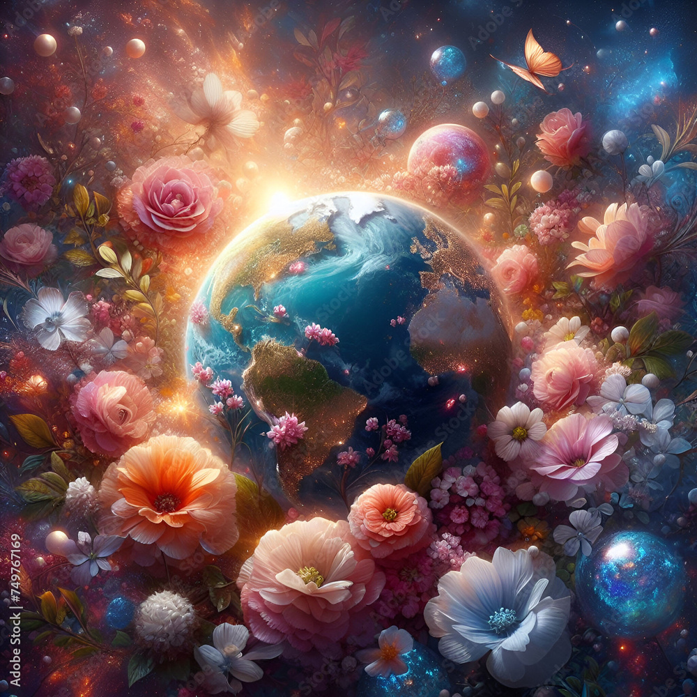 Beautiful Flowers and Cosmic Earth Illustration