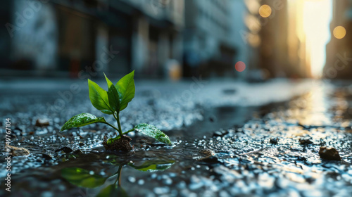 A tree sprout emerges from the ground in the rain in the city center, highlighting ecology and nature conservation