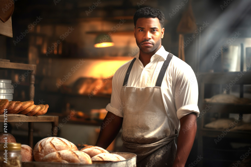 Man Standing in Front of Rack of Food at Home Bakery Man Standing in Front of Rack of Food at Home Bakery