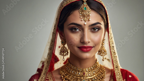 Beautiful Indian bride wearing gold diamond ornaments jewelry. Jewelers. commercial photo, glamorous portrait, Generative AI
