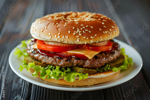 Hamburger with beef patty, cheese, and vegetables on the table
