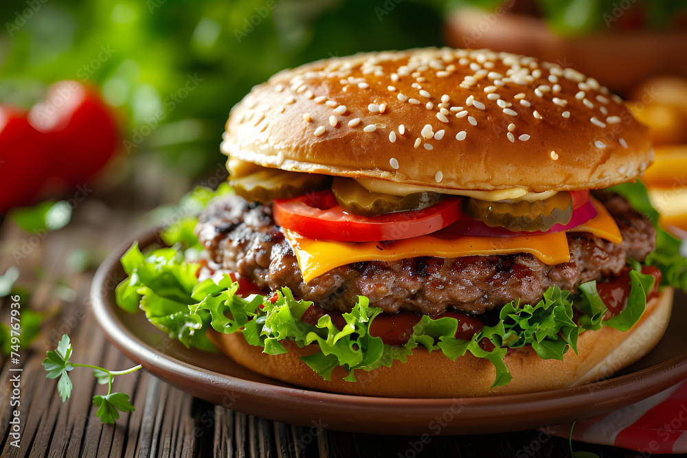 Hamburger with beef patty, cheese, and vegetables on the table
Hamburger with beef patty, cheese, and vegetables on the table
