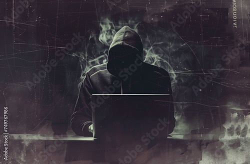 Cybersecurity concept: a man in a hoodie before a laptop, with a dappled, matte background of mysterious symbolism, resembling neo-academism, suggestive of manapunk, and featuring mysterious figures. photo