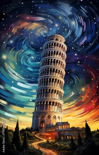 A view of the Leaning Tower of Pisa in the style of Vincent van Gogh. photo