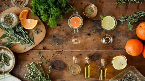 Organic Herbal Remedies and Fresh Ingredients on Wooden Surface