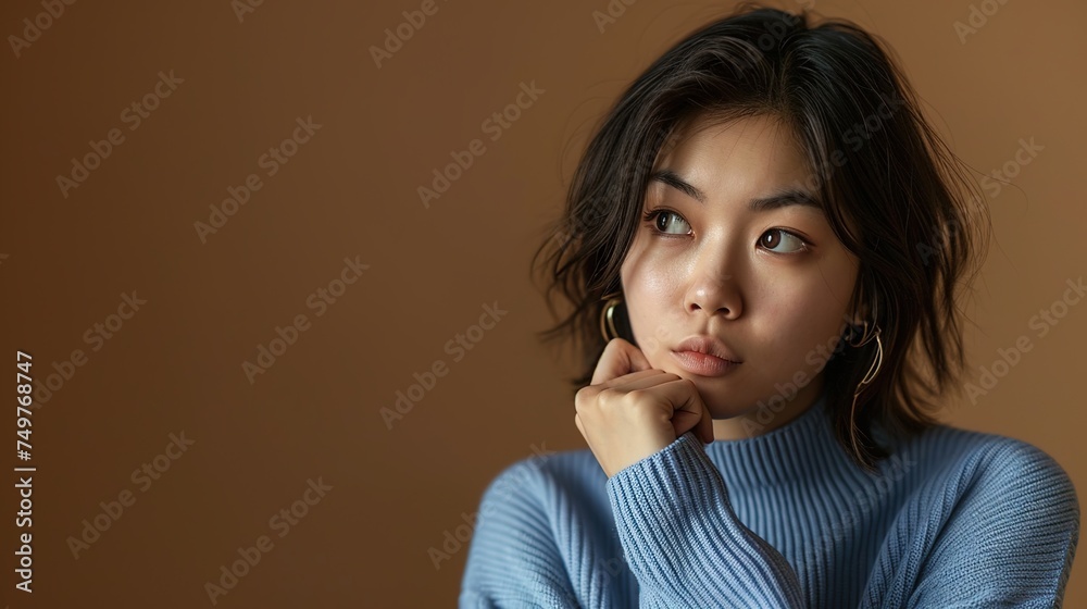 An Asian lady looks thoughtful and keeps her hand on her chin on a brown background. An Asian lady looks thoughtful and keeps her hand on her chin on a brown background.