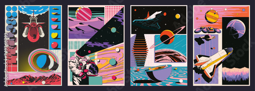 Space Posters 3D Effect Abstract Dimensions. Spaceships, Astronaut, Planets and Landscapes, Geometric Shapes, Abstract Backgrounds 