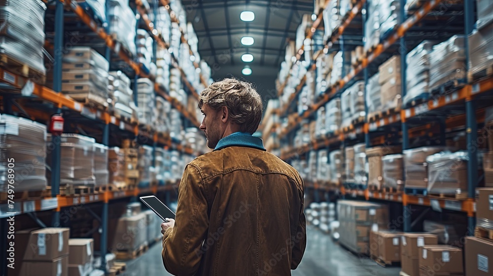 Male Worker Checking Warehouse Inventory with Tablet