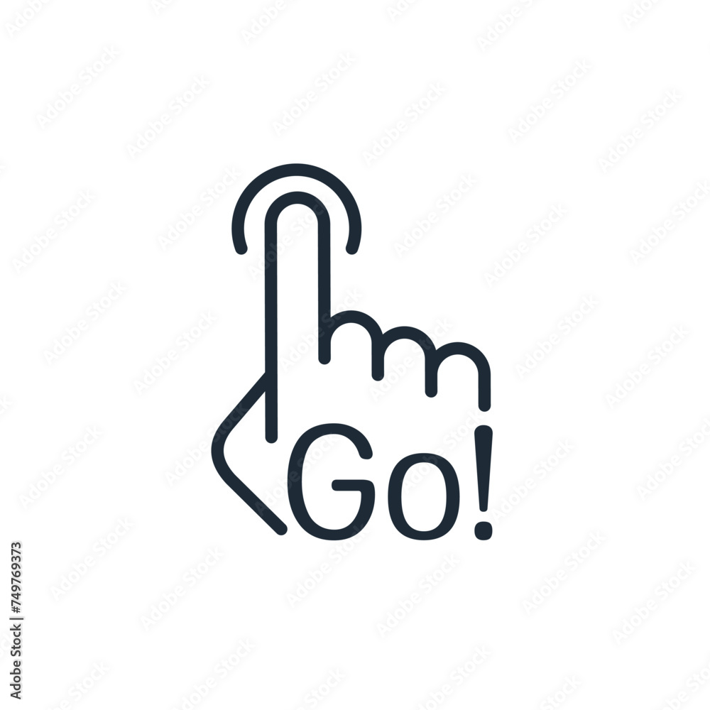 Navigation sign. Click button with hand pointer clicking. Start here. let's go. Vector linear icon isolated on white background. Navigation sign. Click button with hand pointer clicking. Start here. let's go. Vector linear icon isolated on white background.