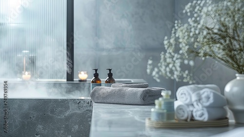 Tranquil Spa Oasis: Serene Bathroom with Steamy Bathtub and Essential Oils