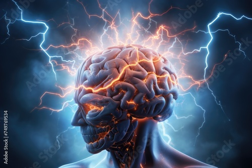 Abstract illustration of a brain surrounded, Human brain with a thunderbolt, 3D illustration, mind power concept with the human brain and light rays, Ai generated