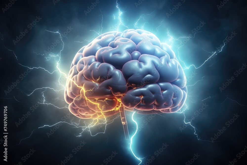 Abstract illustration of a brain surrounded, Human brain with a thunderbolt, 3D illustration, mind power concept with the human brain and light rays, Ai generated Abstract illustration of a brain surrounded, Human brain with a thunderbolt, 3D illustration, mind power concept with the human brain and light rays, Ai generated