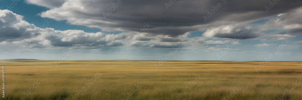 Guided Horizon: Expansive Grassland Leading to Distant Sky. 3:1 Banners and Landscape Backgrounds, Perfect for Expansive Visual Themes