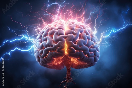 Abstract illustration of a brain surrounded, Human brain with a thunderbolt, 3D illustration, mind power concept with the human brain and light rays, Ai generated