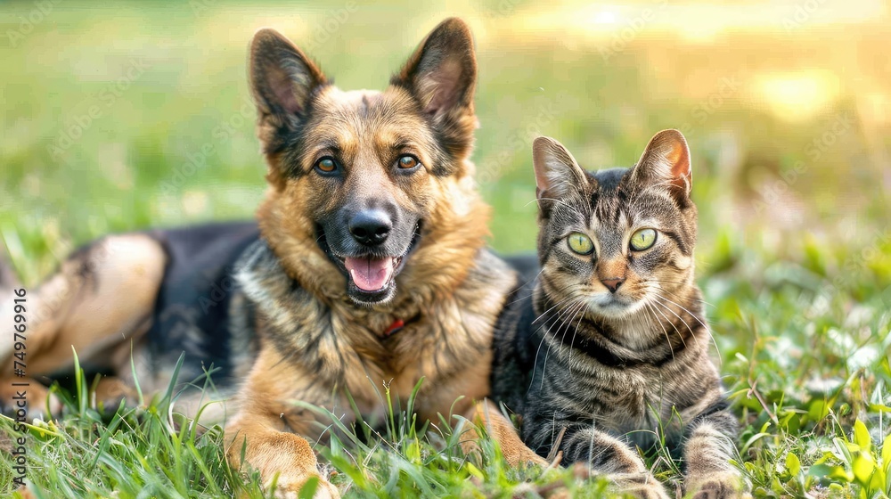 German shepherd dog and cat lying together on green grass in summer day German shepherd dog and cat lying together on green grass in summer day