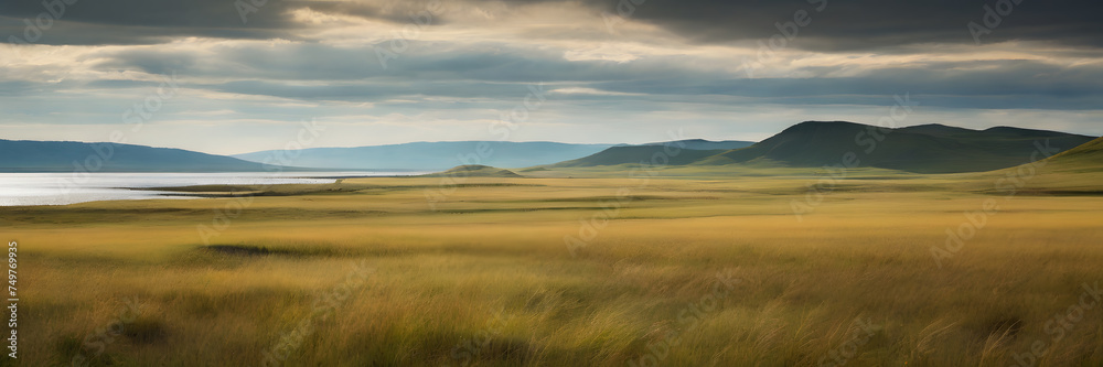 Guided Horizon: Expansive Grassland Leading to Distant Lake. 3:1 Banners and Landscape Backgrounds, Perfect for Expansive Visual Themes