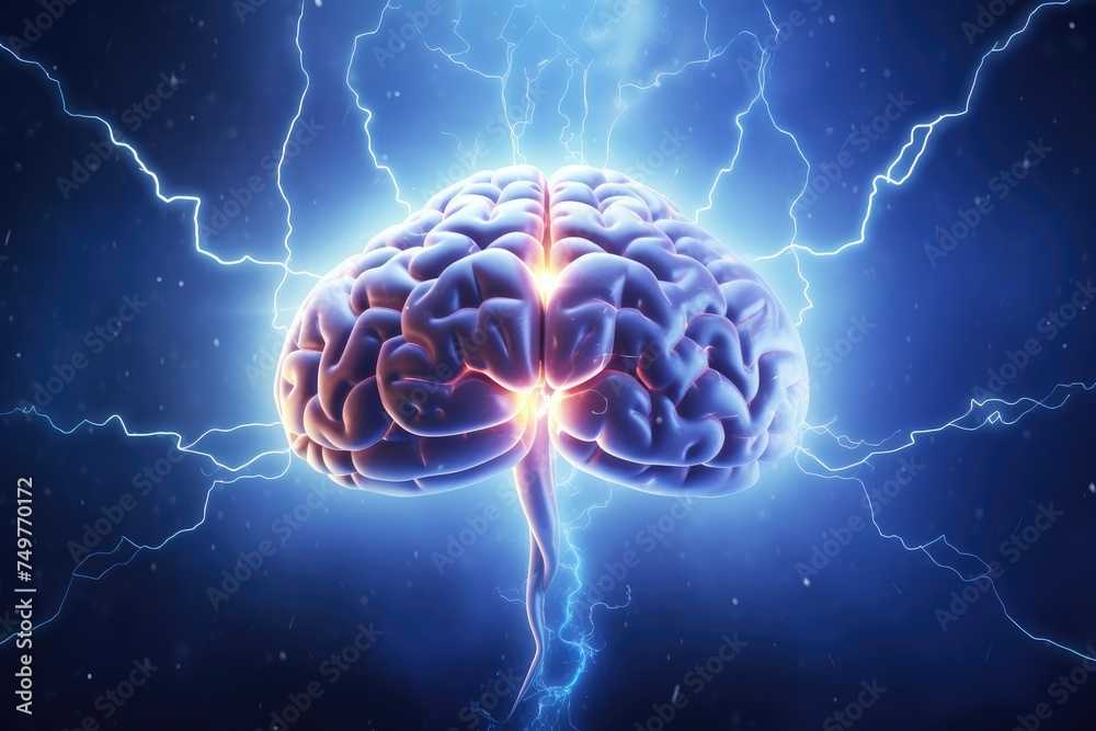 Human brain with thunderbolt, 3D illustration, mind power concept with the human brain and light rays, Ai generated Human brain with thunderbolt, 3D illustration, mind power concept with the human brain and light rays, Ai generated