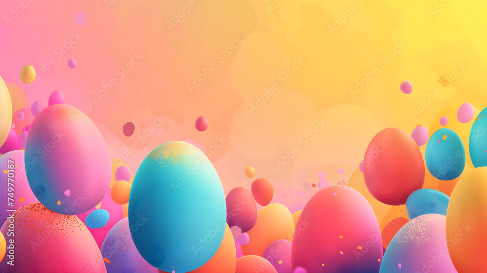 Vivid holographic Easter eggs on a gradient vivid yellow background with blank space for text at the upper part of the image.