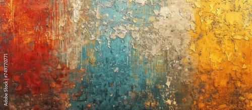 A detailed view of a weathered retro wall with a textured grunge finish resembling aged cement or stone. The wall is marked with layers of chipped paint and subtle patterns, creating a vintage