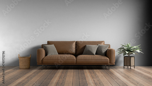 a couch with pillows and a plant on a wooden floor