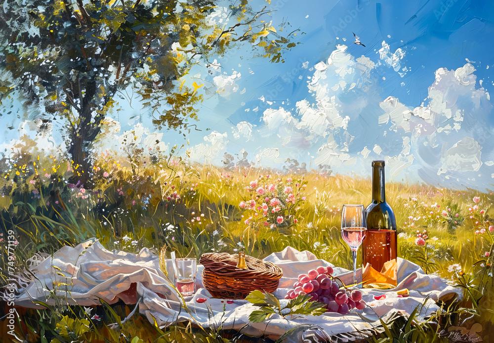 Summer Picnic with Wine and Cherries in Nature.
