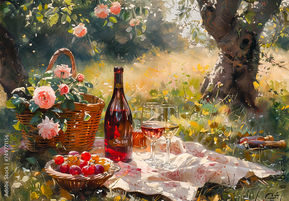 Fototapeta premium Summer Picnic with Wine and Cherries in Nature.