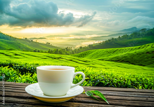 Tea Cup Overlooking Lush Green Hills at Sunrise.