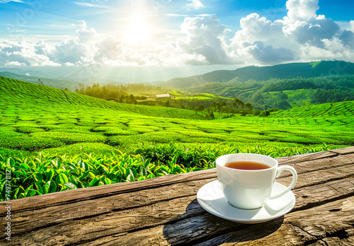 Tea Cup Overlooking Lush Green Hills at Sunrise.