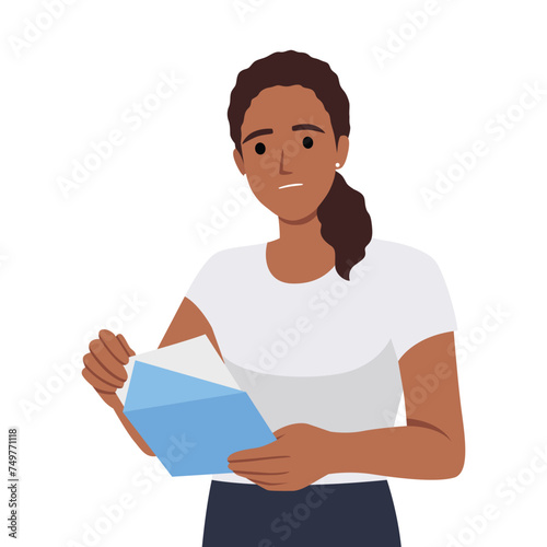 Young unhappy woman reading a letter with bad news. Flat vector illustration isolated on white background