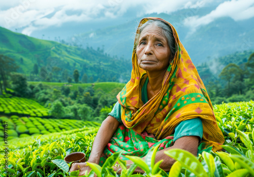 Elderly Woman Harvesting in Lush Tea Plantation.