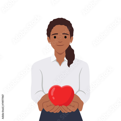 Young woman holding a heart. Young woman gives her love. Symbolizes love, kindness and peace. Flat vector illustration isolated on white background