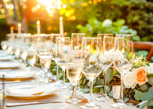 Elegant Champagne Flutes at Festive Table Setting.