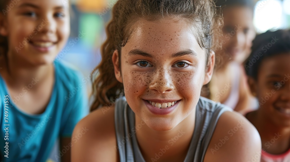 Happy young lady having fun in the school gym. Happy young lady having fun in the school gym.
