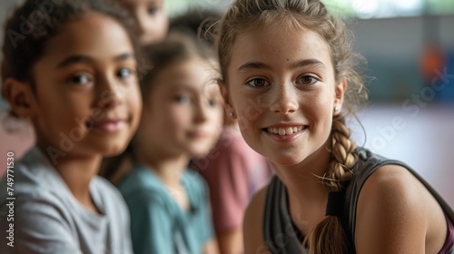 Happy young lady having fun in the school gym.