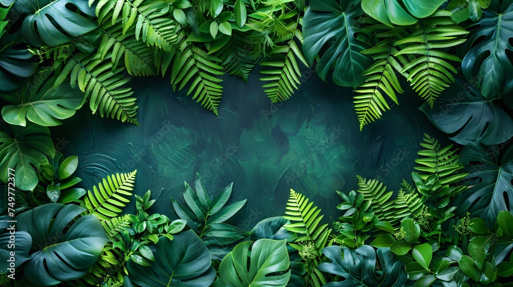 Fototapeta premium Lush green tropical foliage with botanical touch and ample copy space.