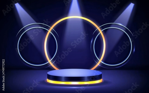 Modern Aesthetic: Dark Blue Room with Circle Neon Light and Contemporary Podium