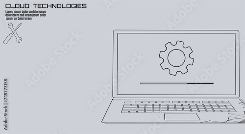  Laptop system update settings. Computer online cloud data storage technology progress upgrade software app development vector illustration