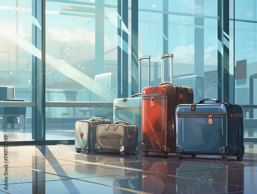 Illustration of modern suitcases on handle placed on floor against plane behind glass wall in airport  photo