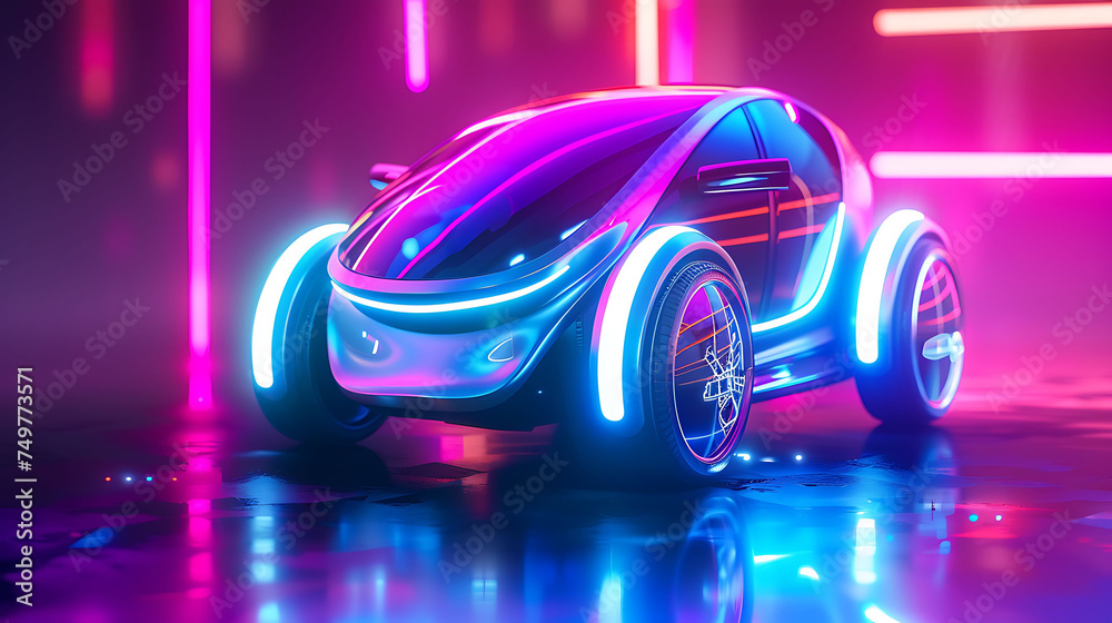 3d high tech smart car electric, colorful neon lights background