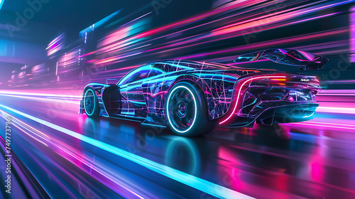 Sport car with neon line. A technology car sponsored on social media