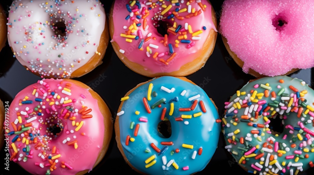 Vibrant assortment of colorful american donuts with delicious icing and sprinkles   top view shot