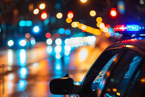 police car lights at night in city street with selective focus and bokeh. Neural network generated image. Not based on any actual person or scene. © lucky pics