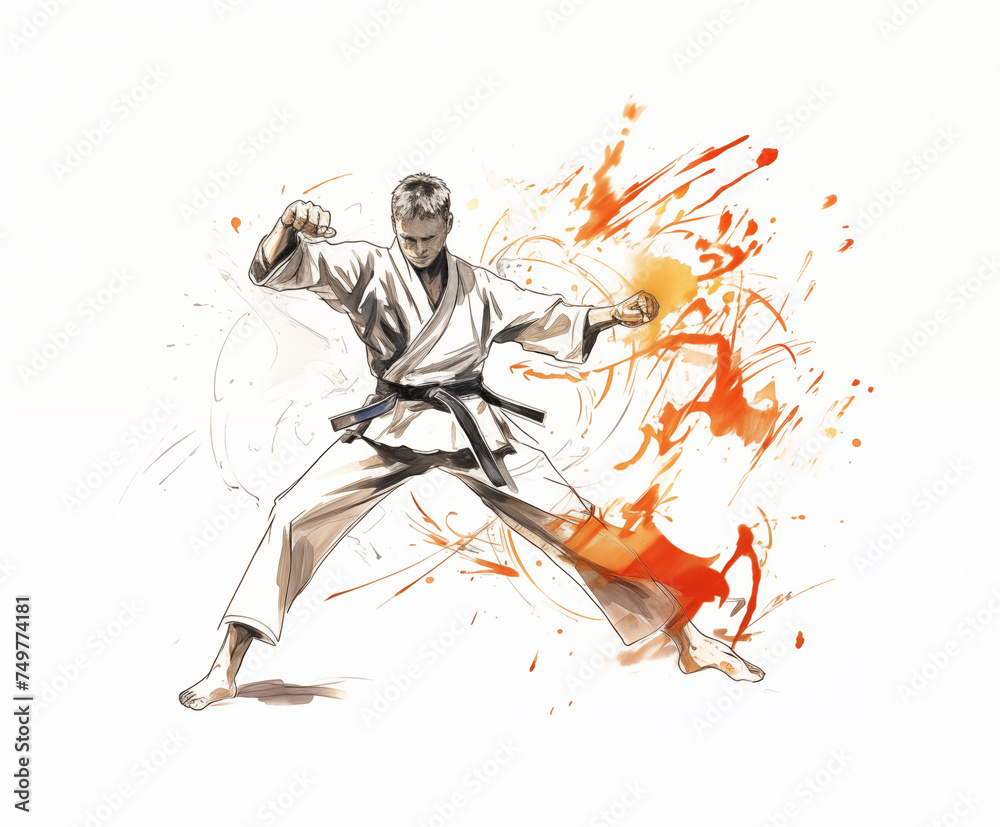 martial art sketch with a watercolor touch on white background.