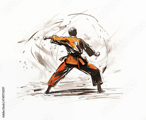 martial art sketch with a watercolor touch on white background.