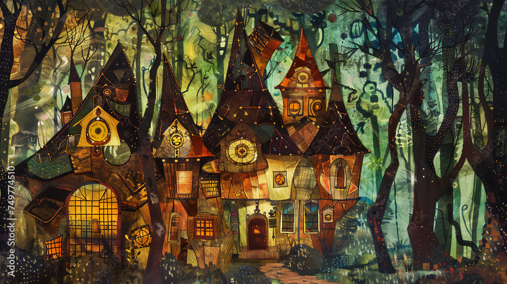 Bright wooden house built from various flat painted shapes, architectural exposition, in deep forest, oil ink. Generative AI